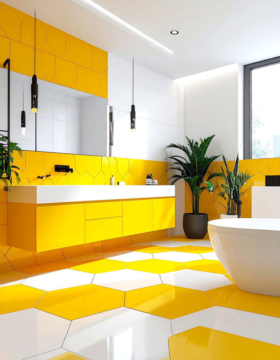 Geometric yellow tile bathroom - 30 yellow and white bathroom ideas