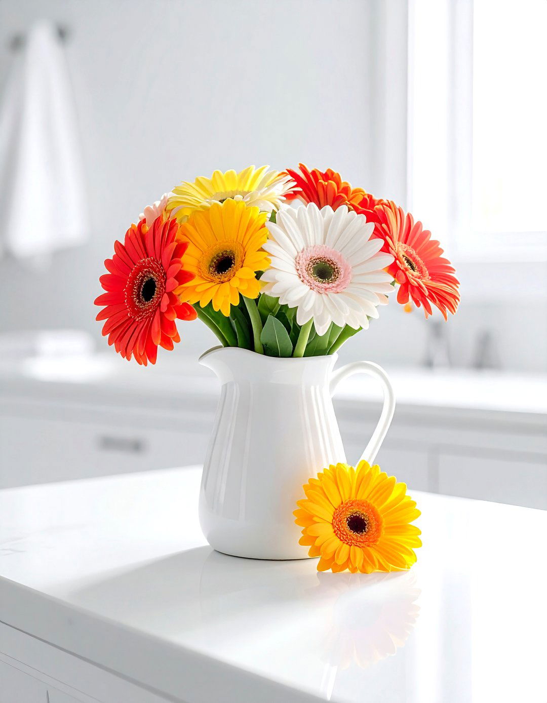Gerbera Daisies In Simple White Pitcher - 30 bathroom flower arrangement ideas