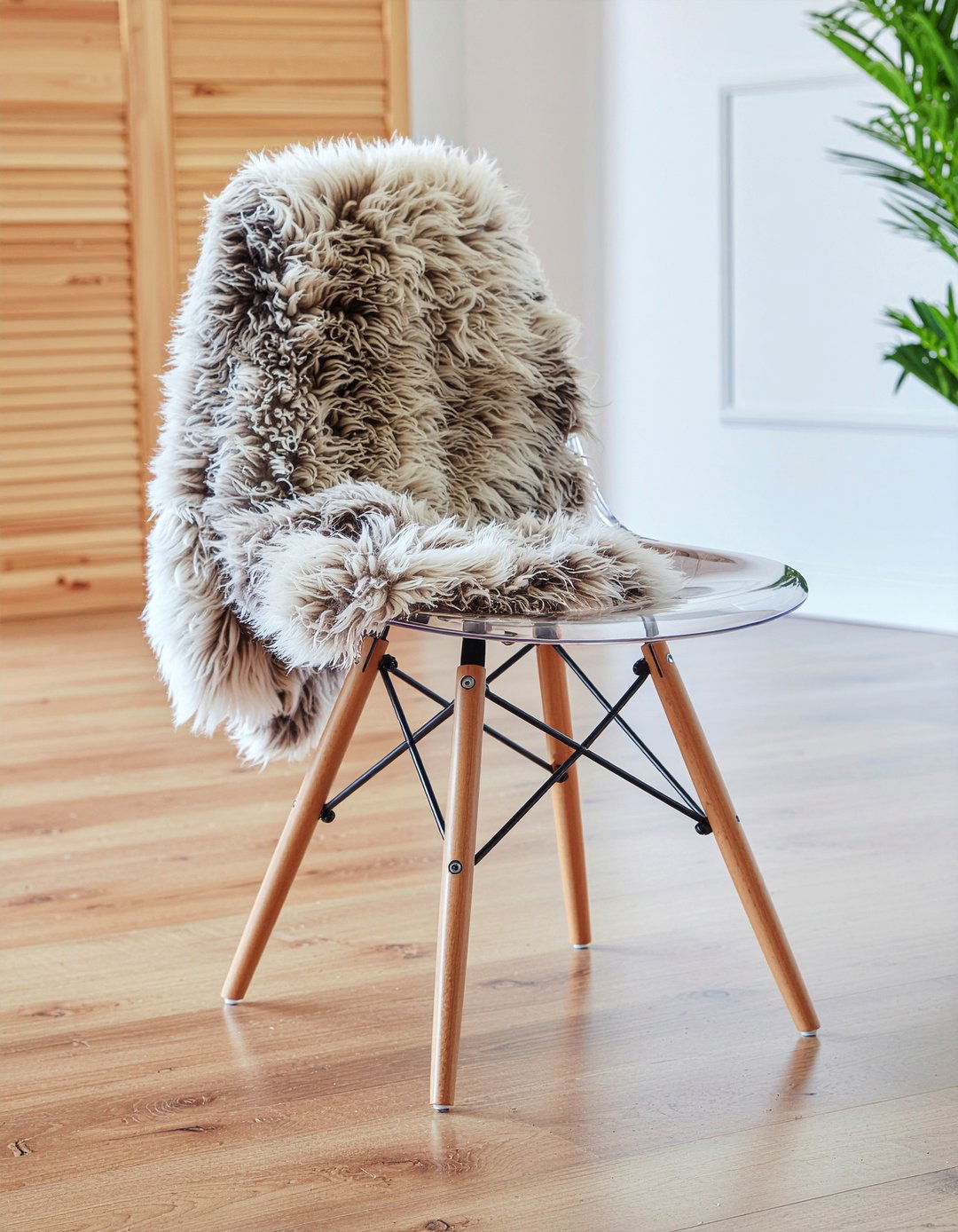 Ghost chair with sheepskin rug - 30 ghost dining chair ideas