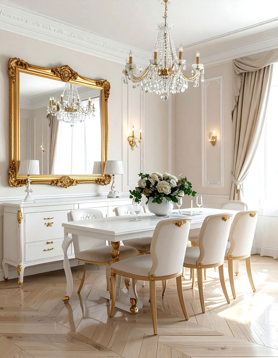 Gilded mirror dining room - 30 French farmhouse dining room ideas