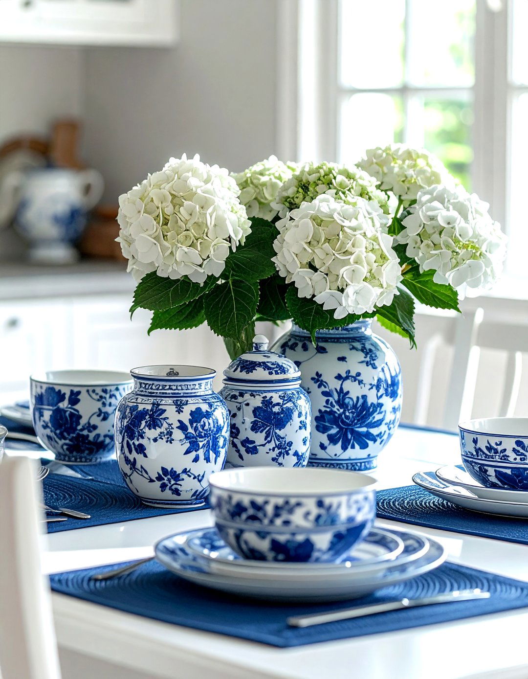 Ginger Jar Centerpiece - 30 blue and white dining room ideas