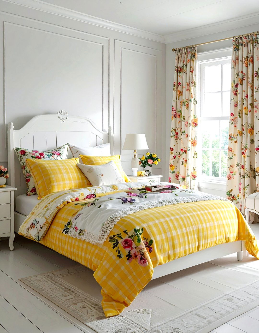 Gingham and floral bedroom set - 30 bedroom pattern mixing ideas