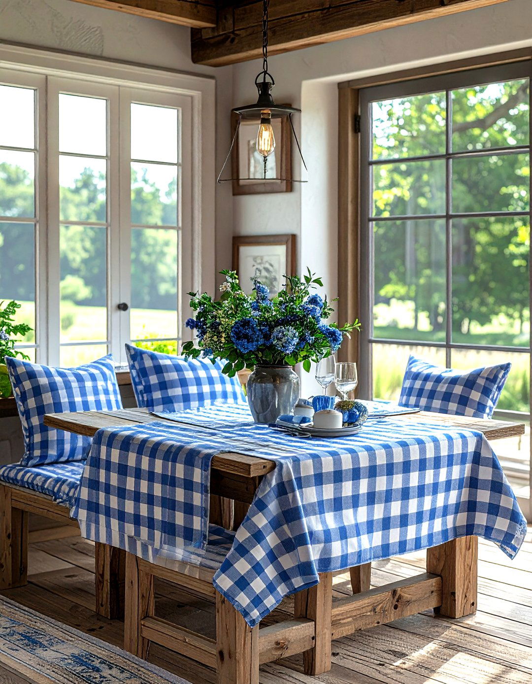 Gingham fabric accents - 30 French cottage dining room ideas