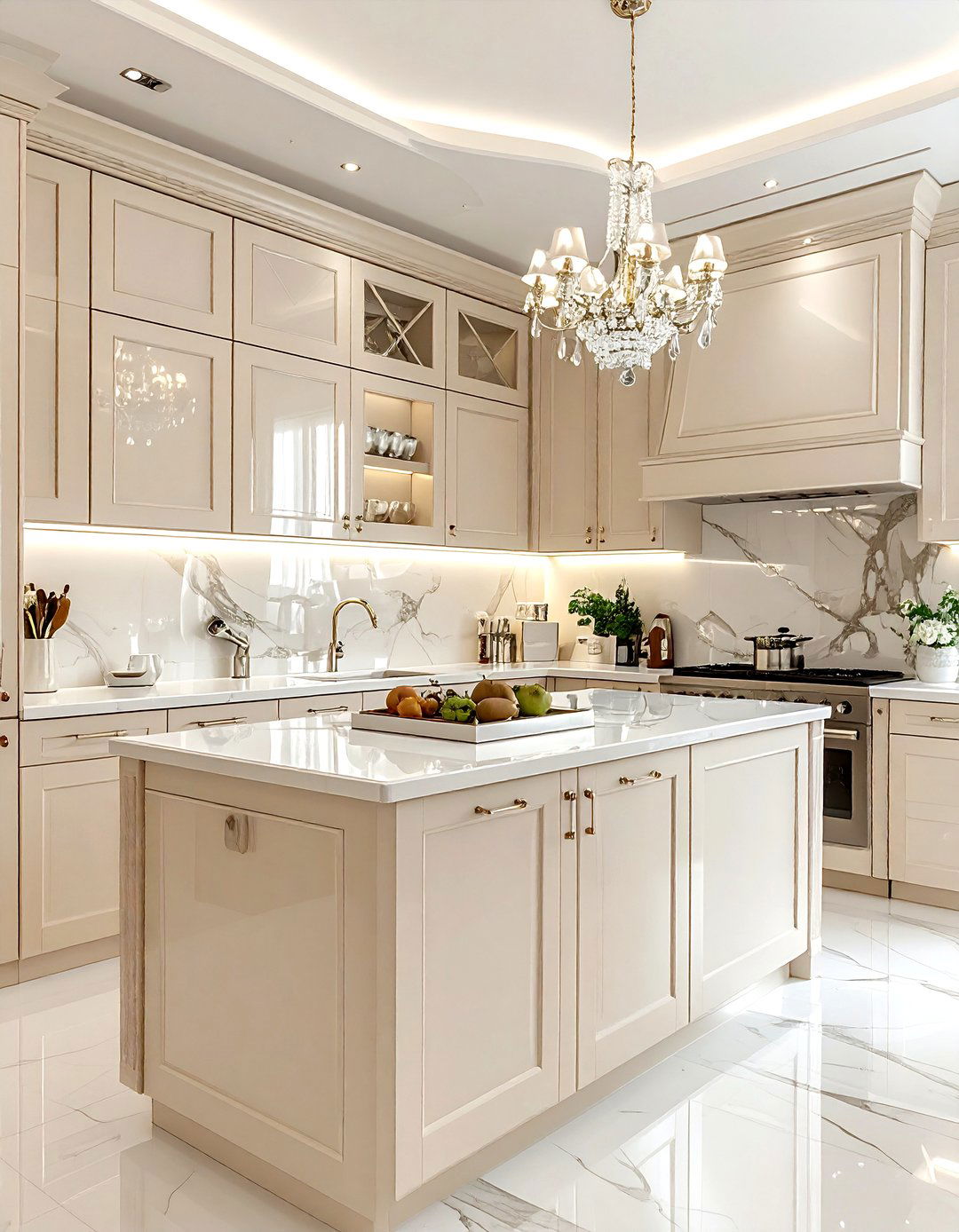 Glam Cream Kitchen White Mirrored Backsplash - 30 cream and white kitchen ideas