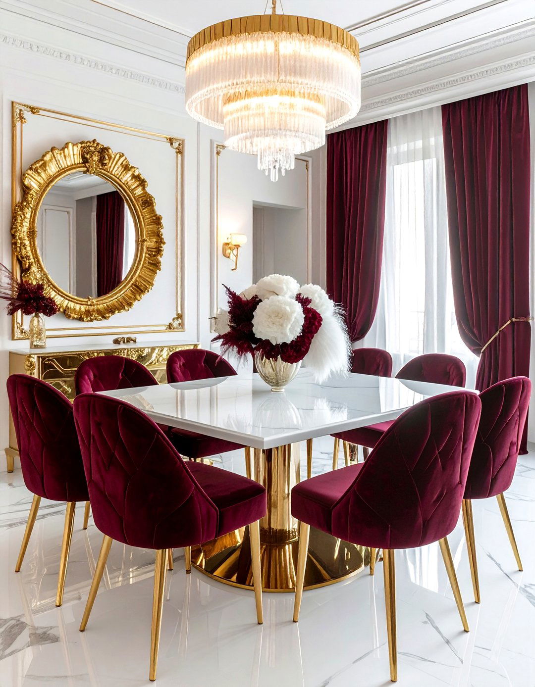 Glam burgundy and white dining room - 30 burgundy and white dining room ideas