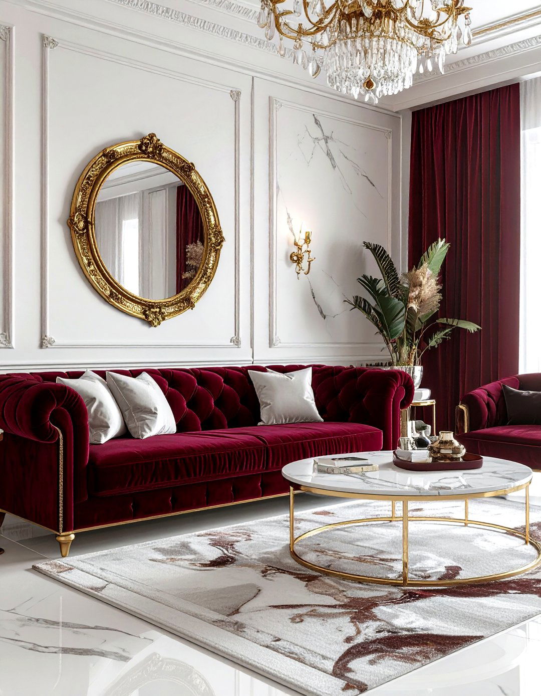 Glam burgundy and white gold accents - 30 burgundy and white living room ideas
