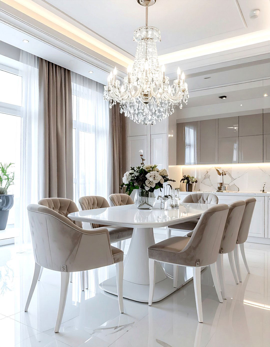 Glam white and taupe dining room - 30 taupe and white dining room ideas
