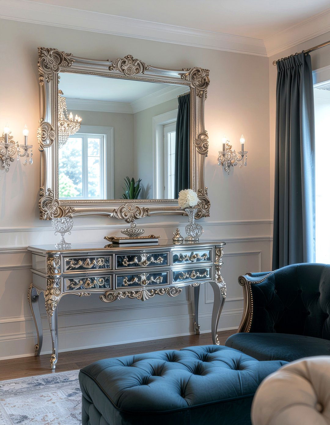 Glamorous Dining Room With Mirrored Furniture And Ornate Mirror - 30 ornate mirror dining room ideas