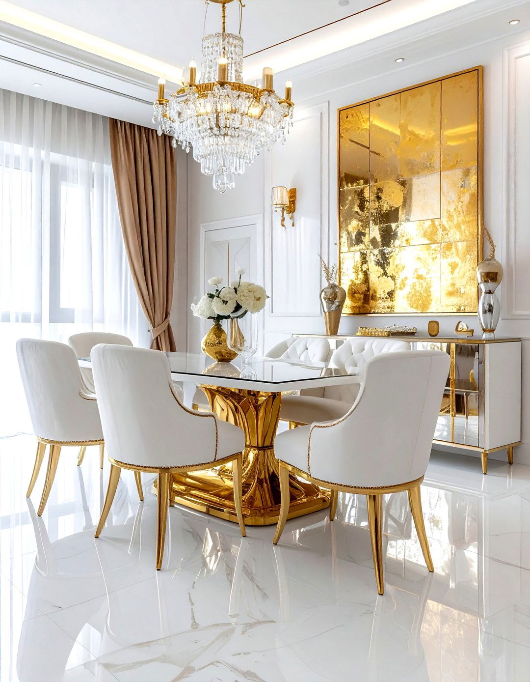 Glamorous white and gold dining area - 30 gold and white dining room ideas