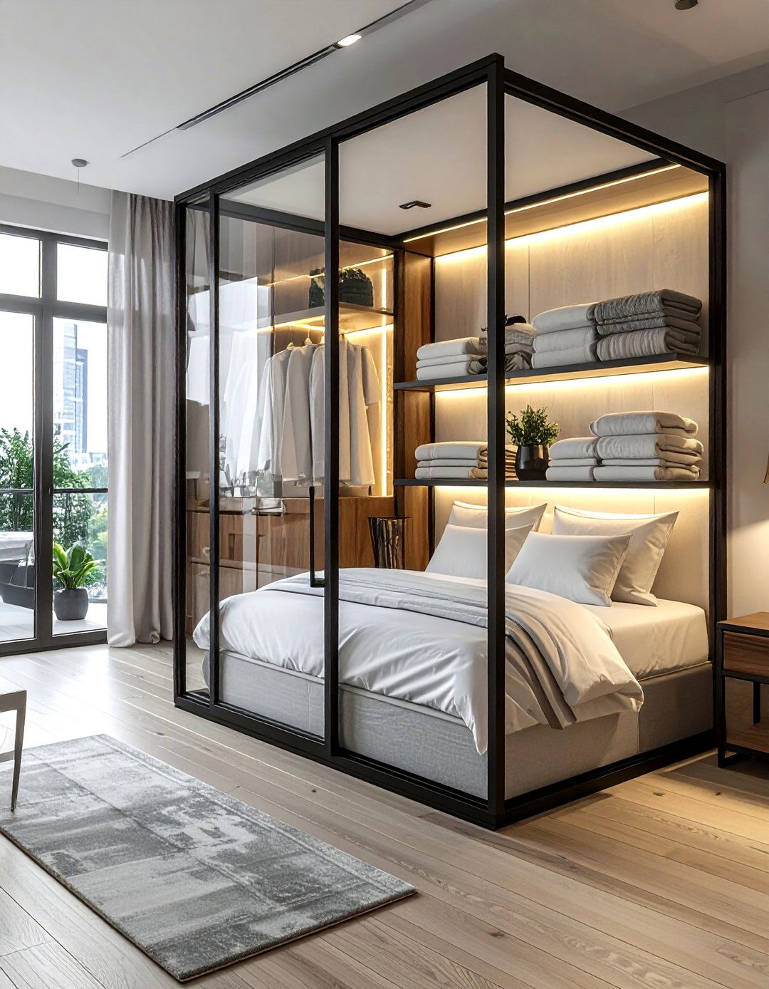 Glass Front Cabinet - 30 bedroom overhead storage ideas