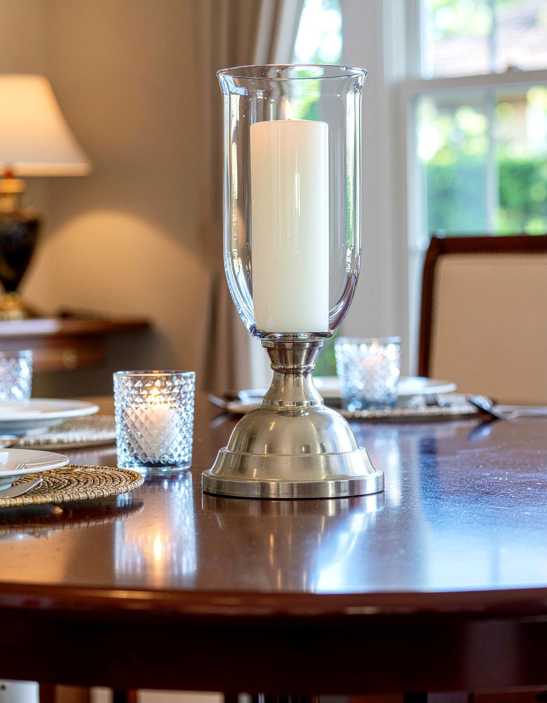 Glass Hurricane Lamp - 30 candle centerpiece dining ideas