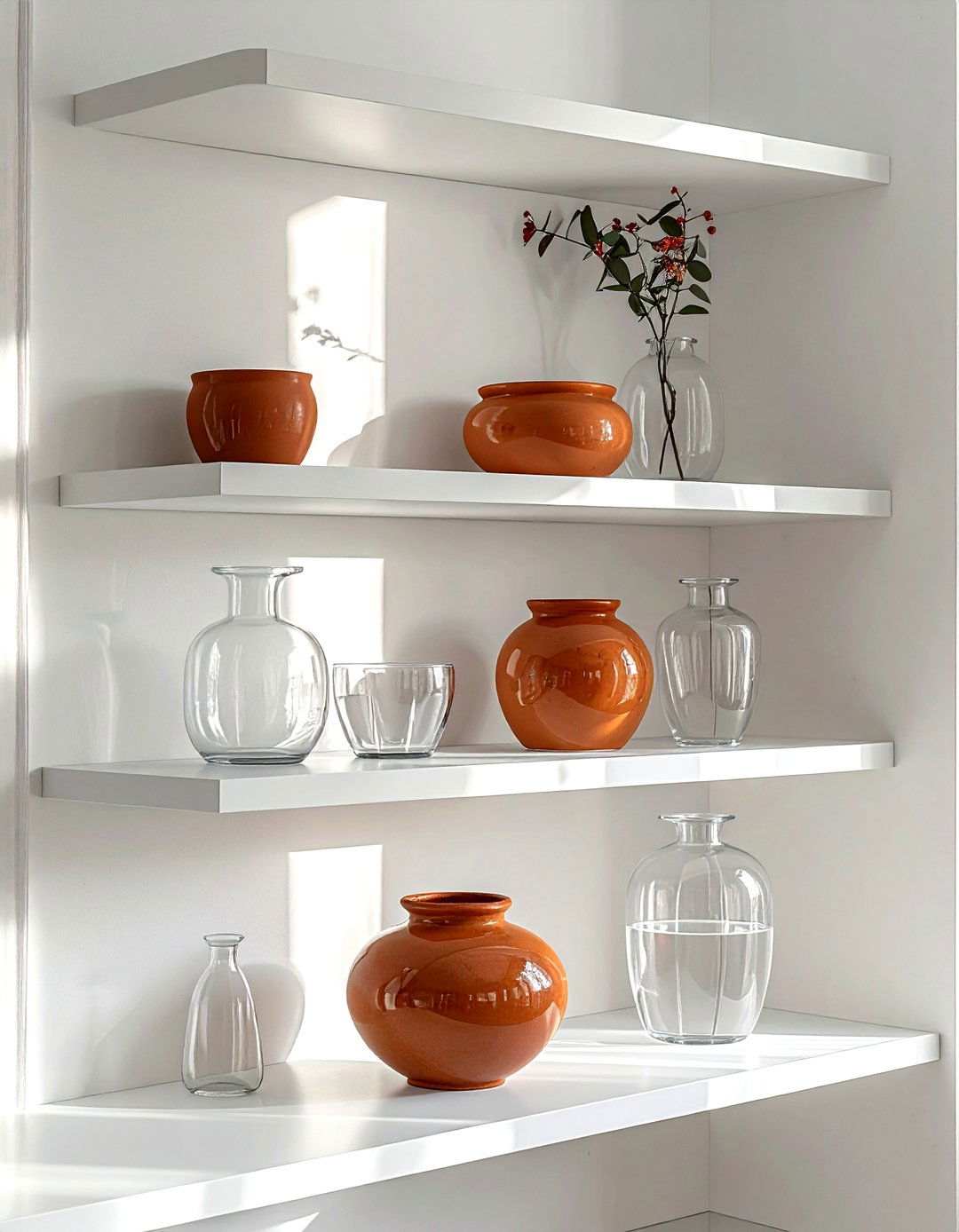 Glass and ceramic shelf styling - 30 decor texture mixing ideas