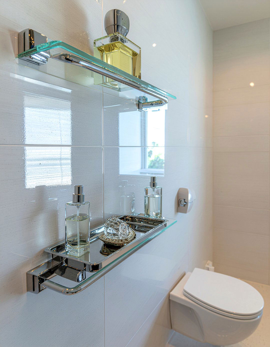 Glass bathroom shelves - 30 over toilet storage ideas