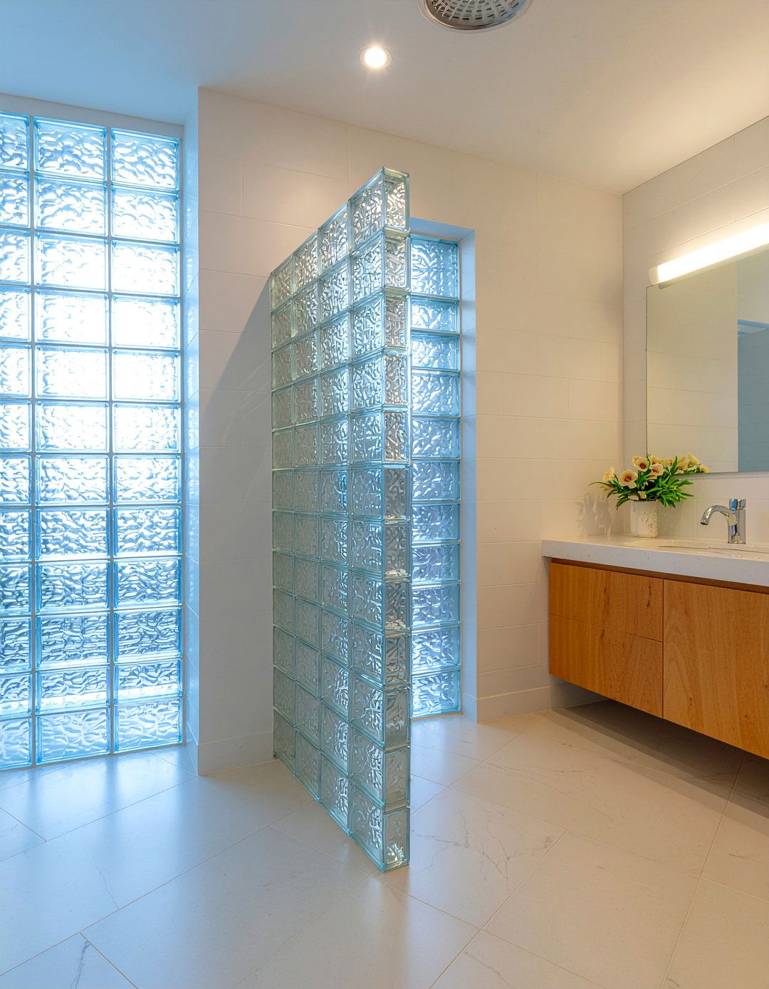 Glass block and ceramic tile - 30 bathroom material mixing ideas