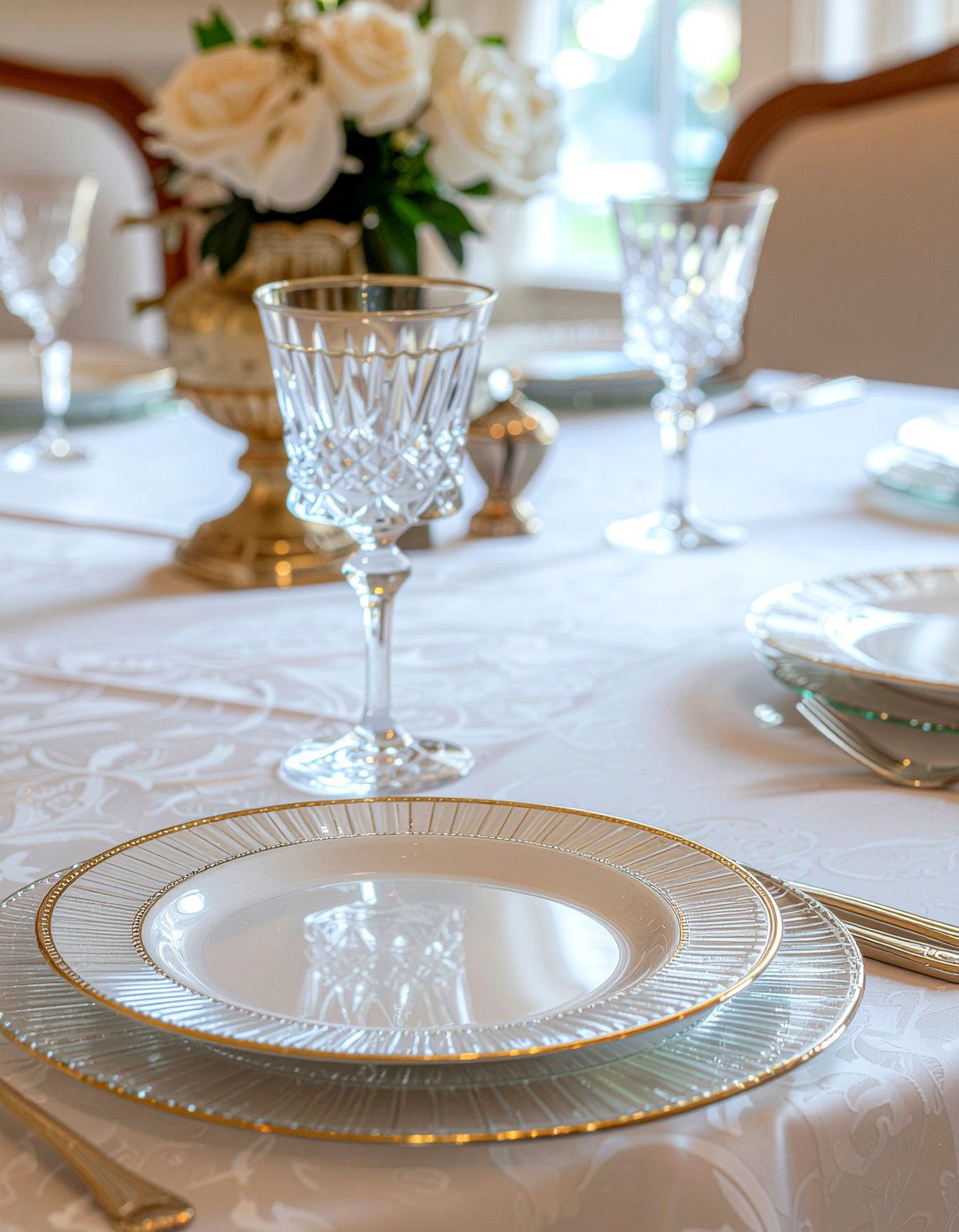 Glass charger plates gold rim - 30 charger plate dining ideas