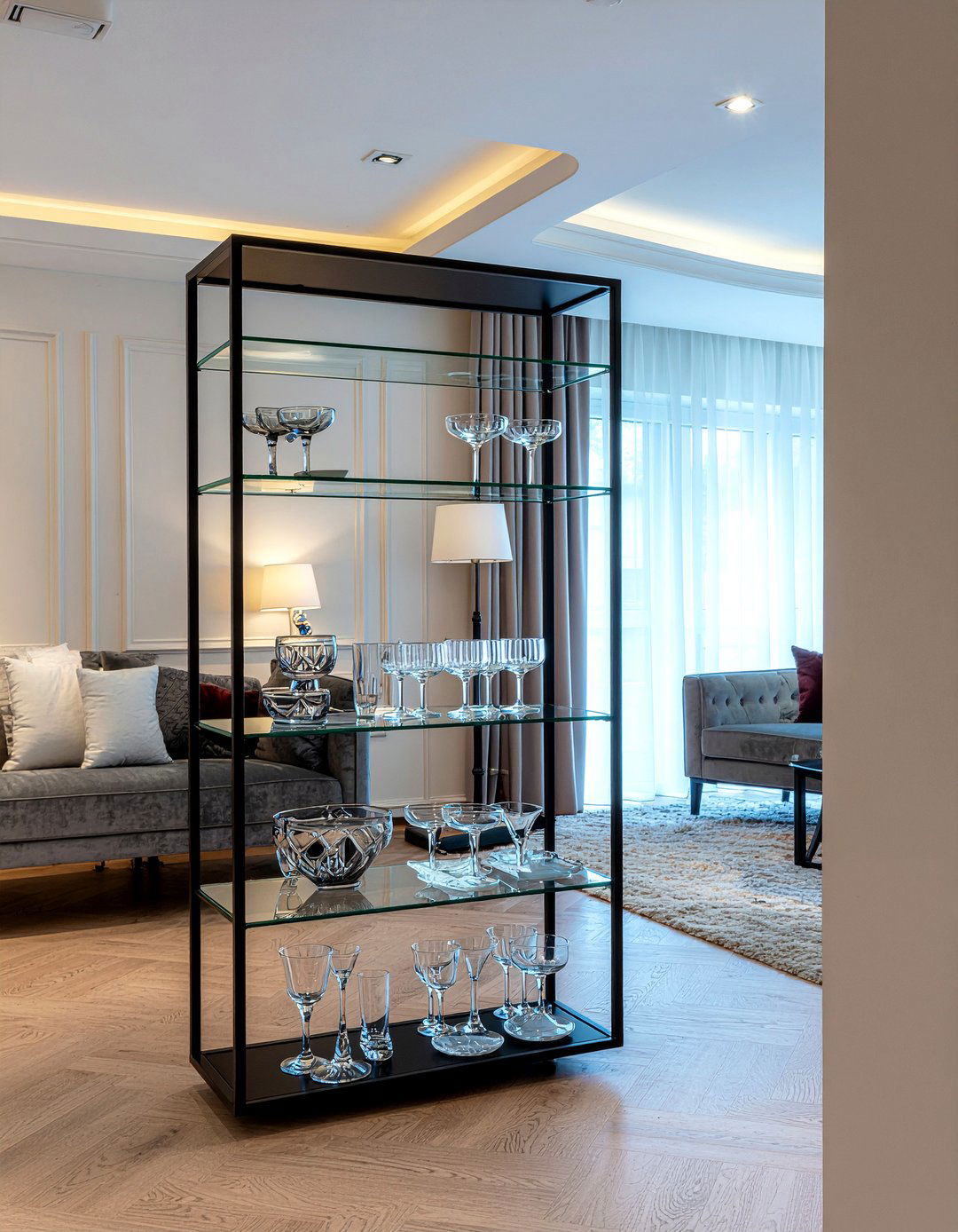 Glass display cabinet - 30 living room shelving ideas