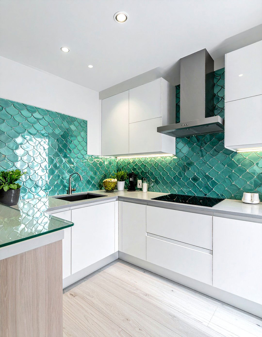 Glass fish scale tile kitchen - 30 fish scale tile kitchen backsplash ideas