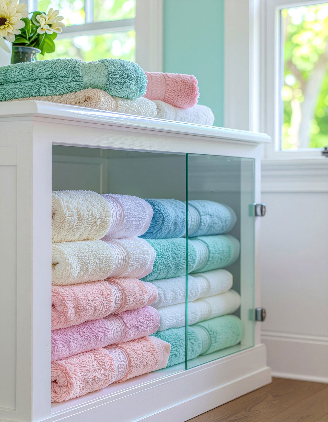 Glass front cabinet - 30 bathroom towel display ideas