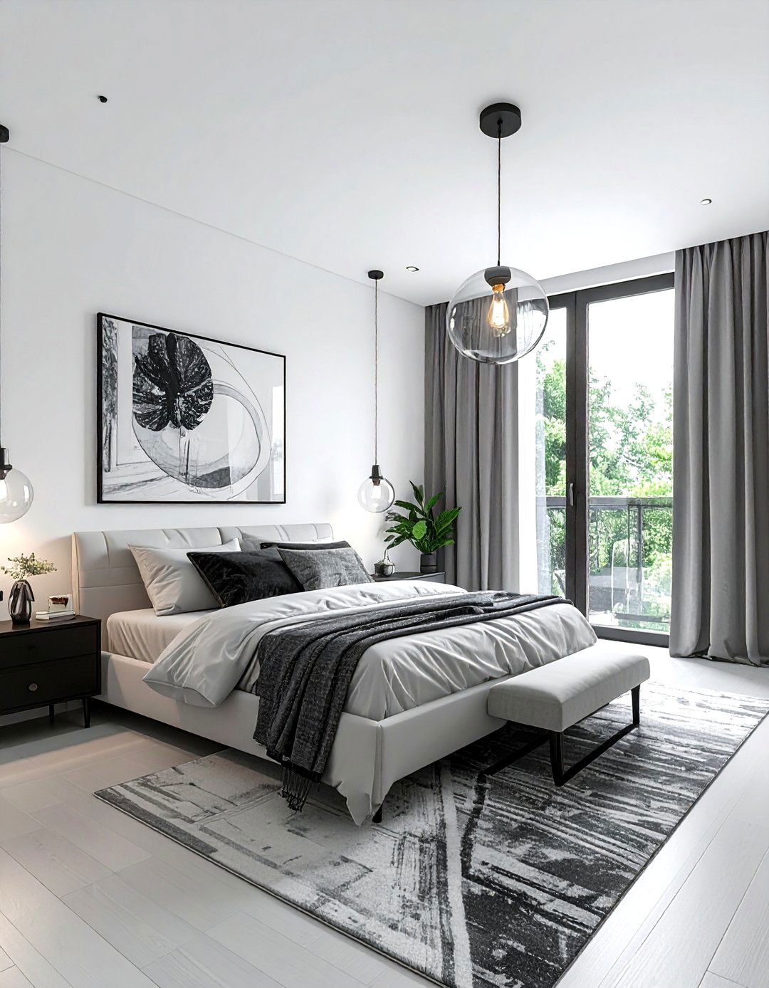 Glass globe pendant - 30 bedroom layered lighting ideas