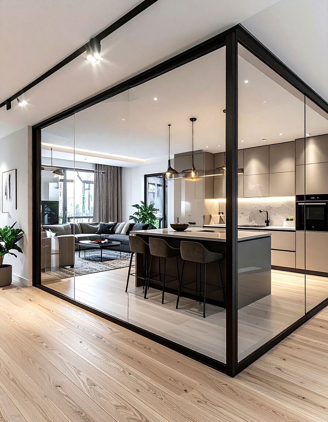 Glass partition living kitchen - 30 living room kitchen combo ideas