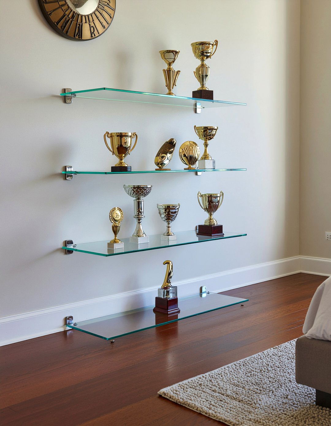 Glass shelf trophy unit - 30 bedroom award display ideas