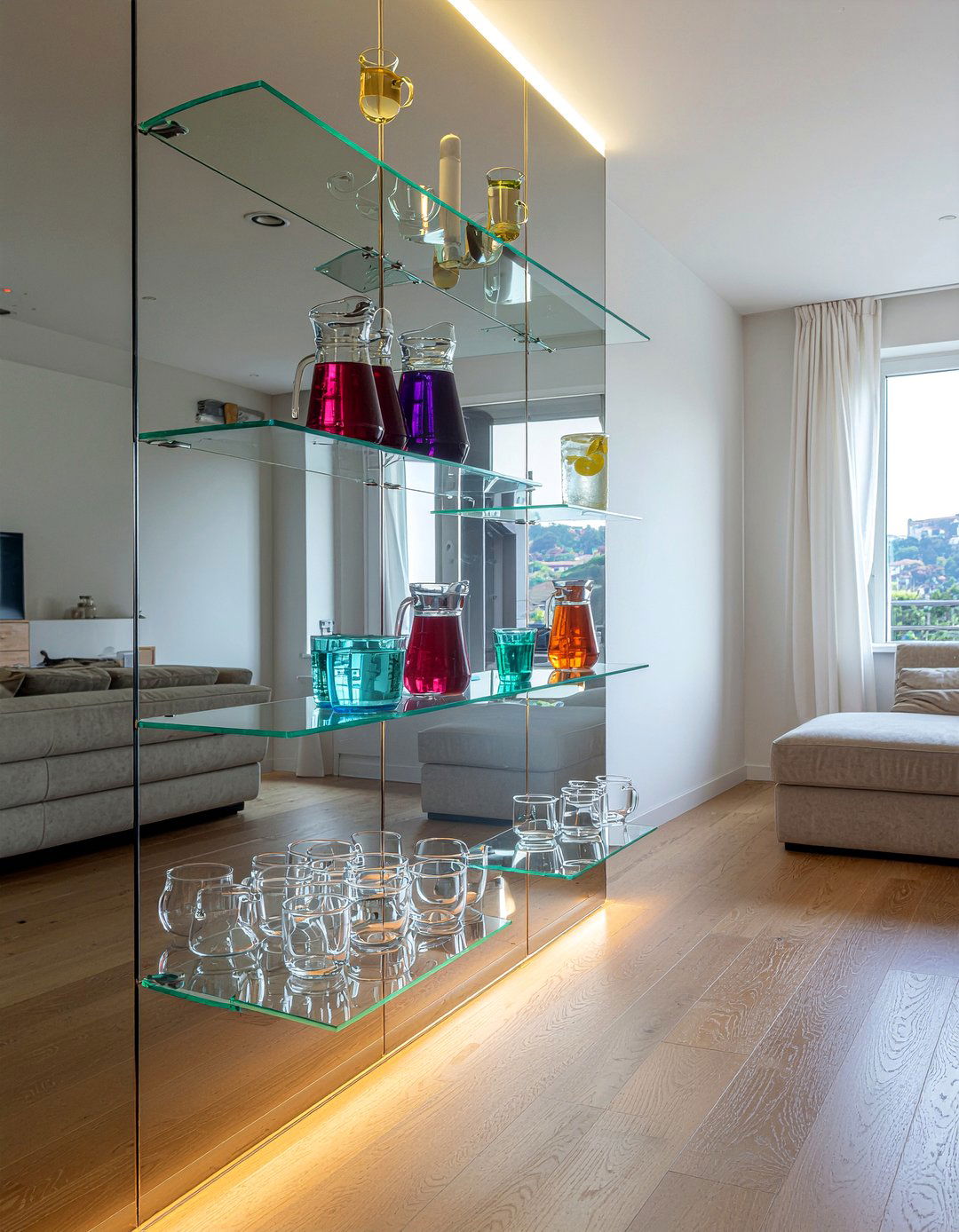 Glass shelving drink station - 30 living room drink station ideas