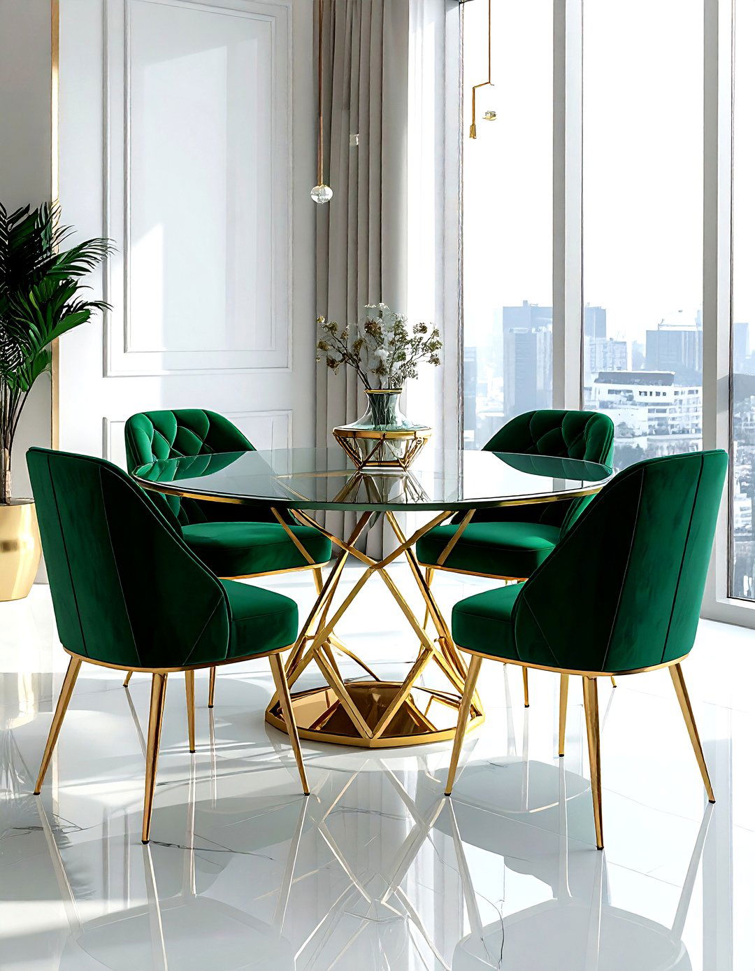 Glass table with gold base - 30 glass dining table ideas