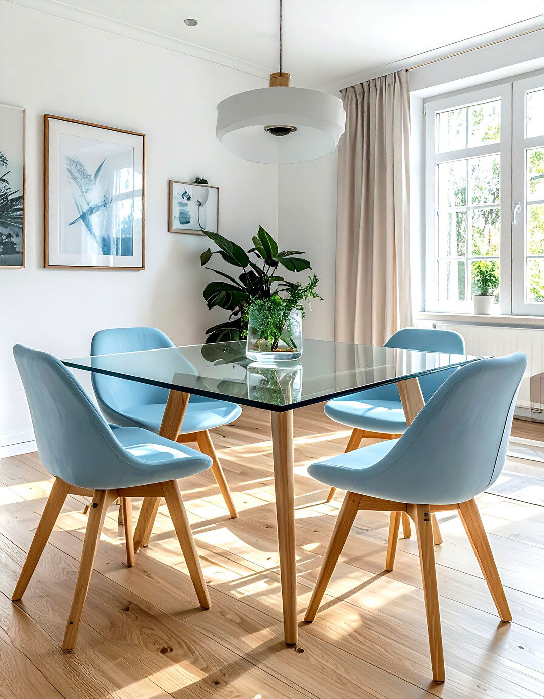 Glass table with wooden legs - 30 glass dining table ideas