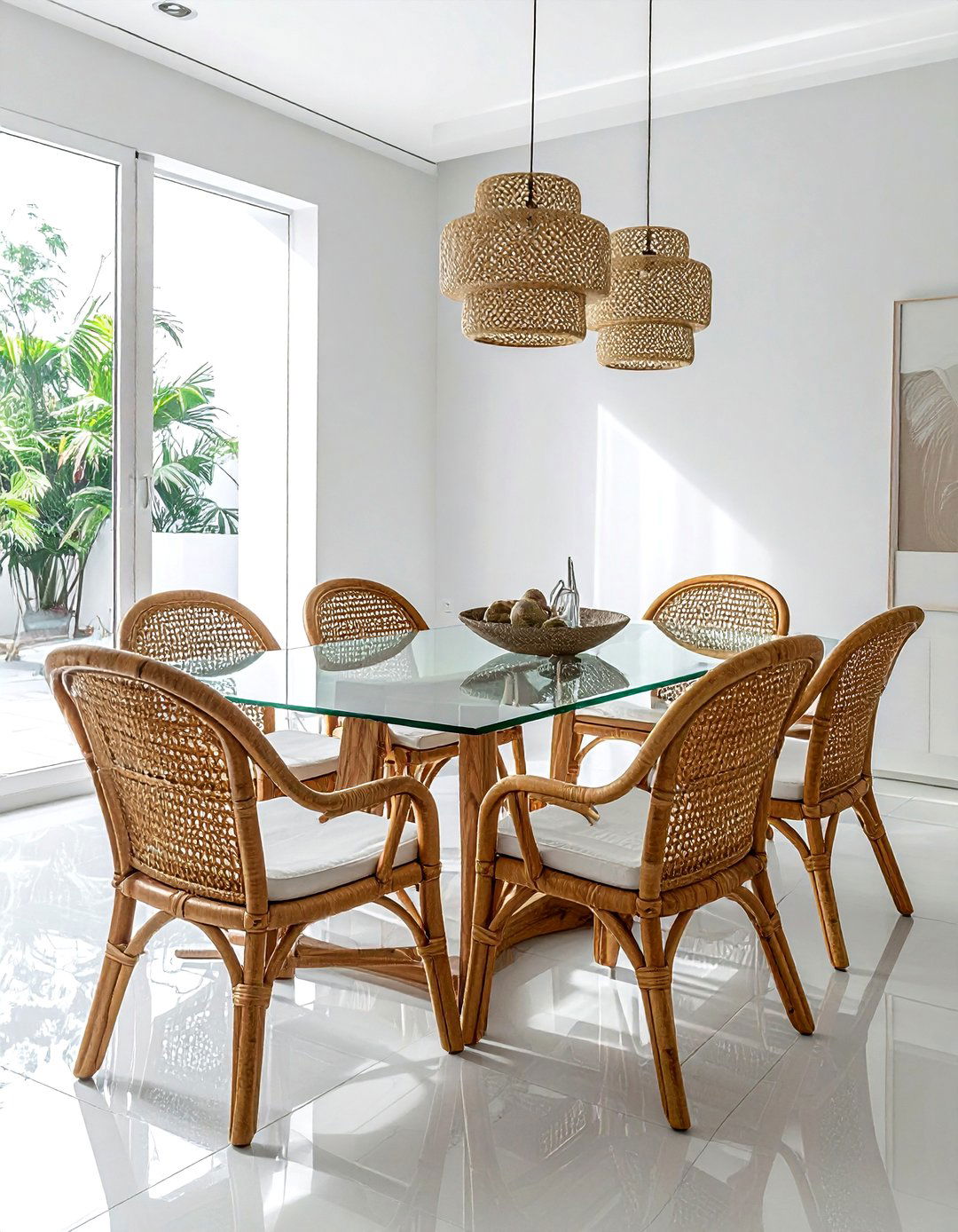 Glass top table with cane chairs - 30 cane dining room ideas