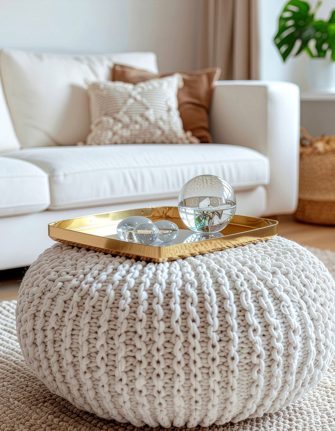 Glass tray on textured ottoman - 30 living room tray ottoman ideas