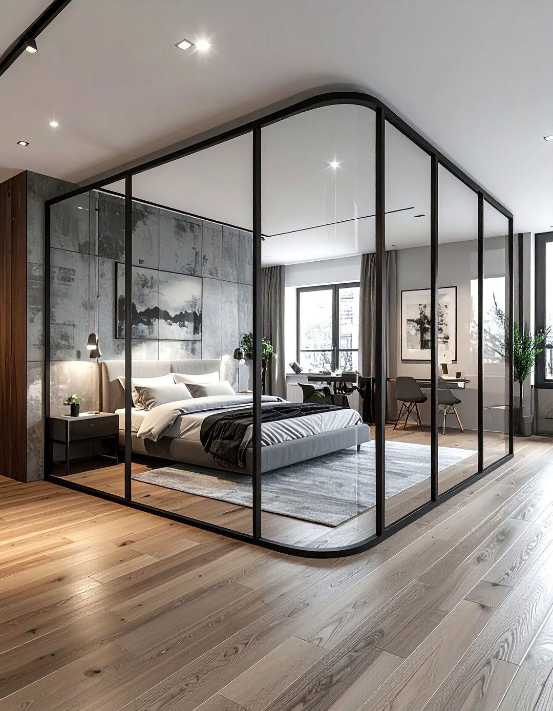 Glass wall bedroom partition - 30 open concept bedroom ideas