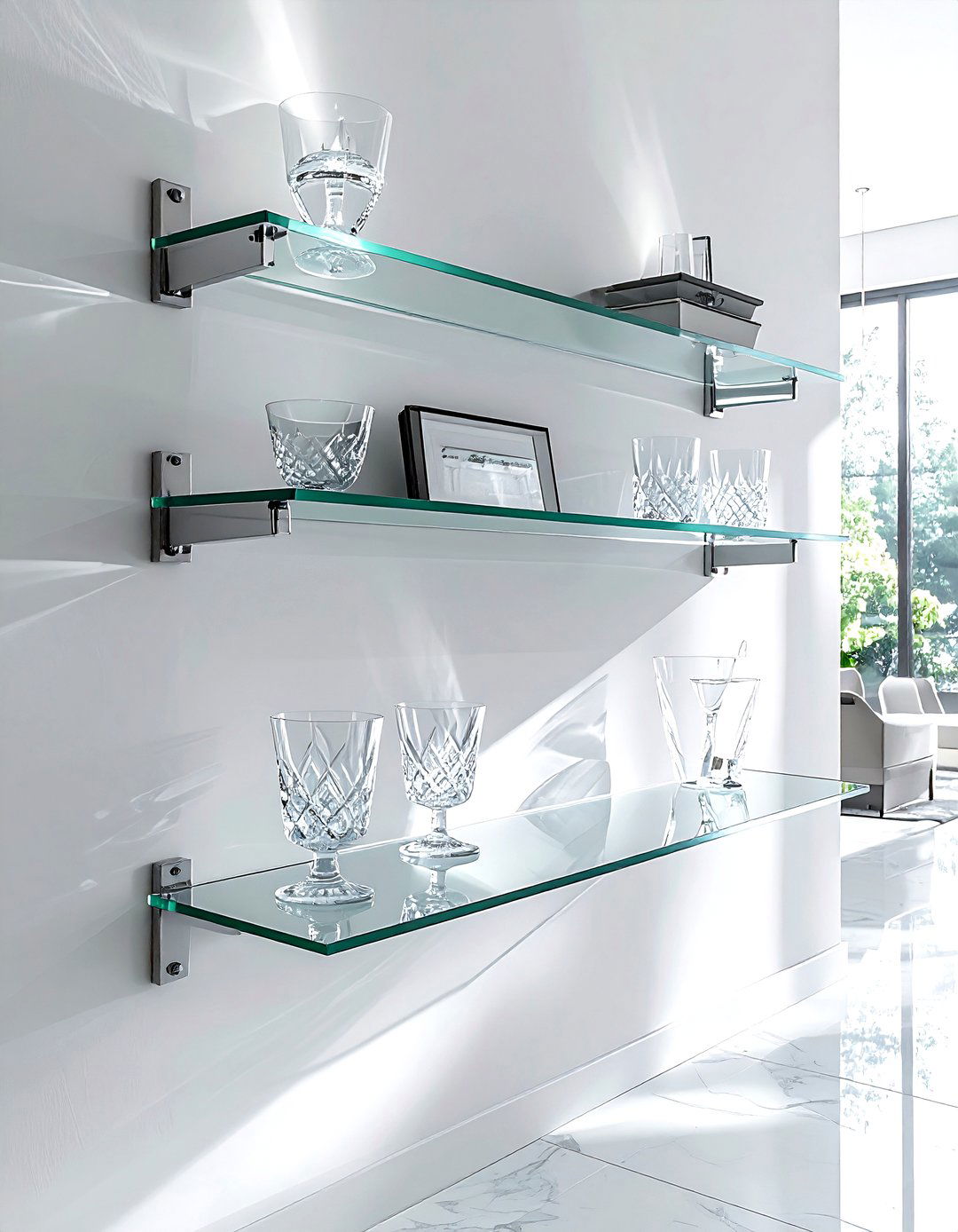 Glass wall shelf - 30 dining room wall shelving ideas