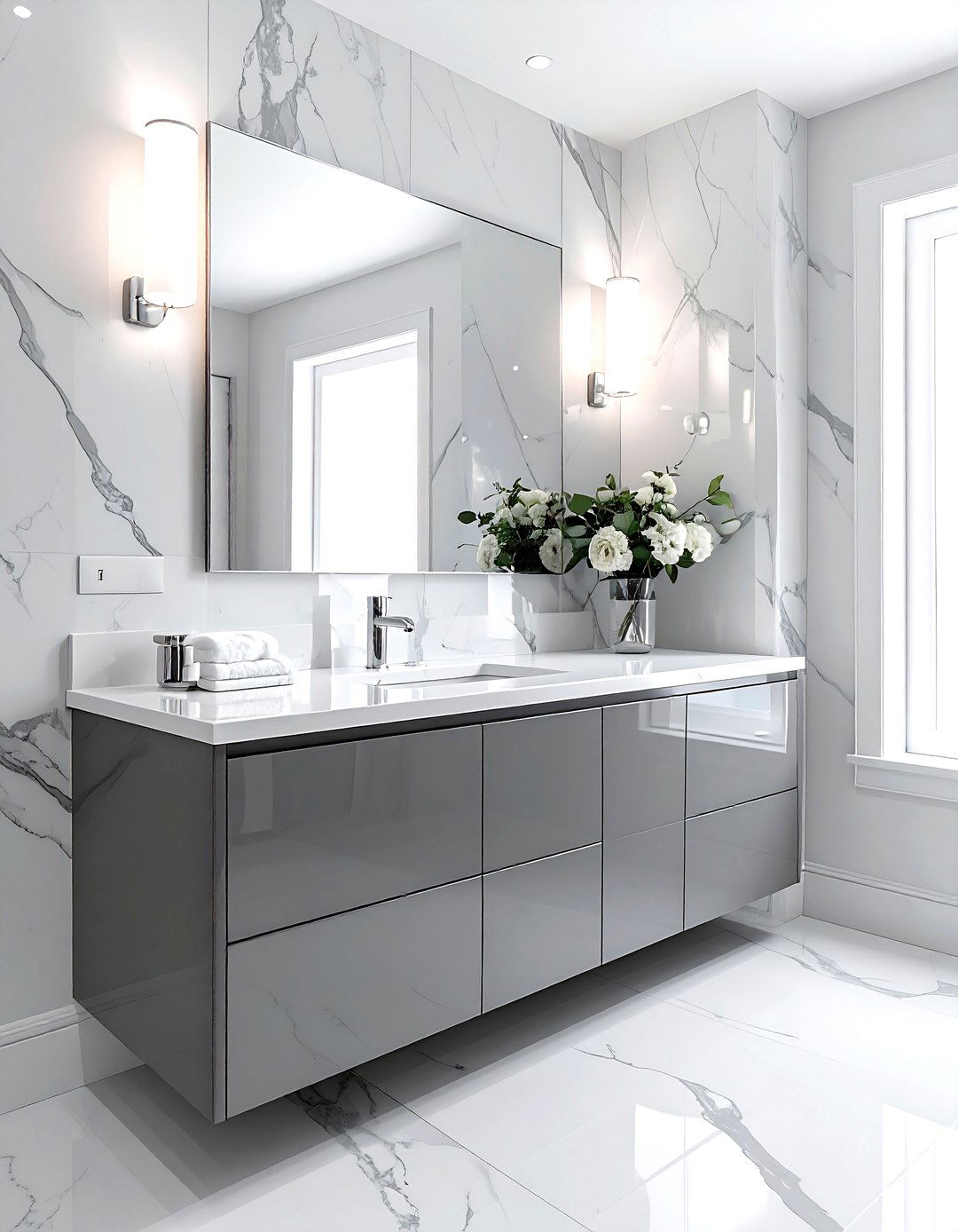 Glossy Gray Vanity - 30 gray bathroom furniture ideas