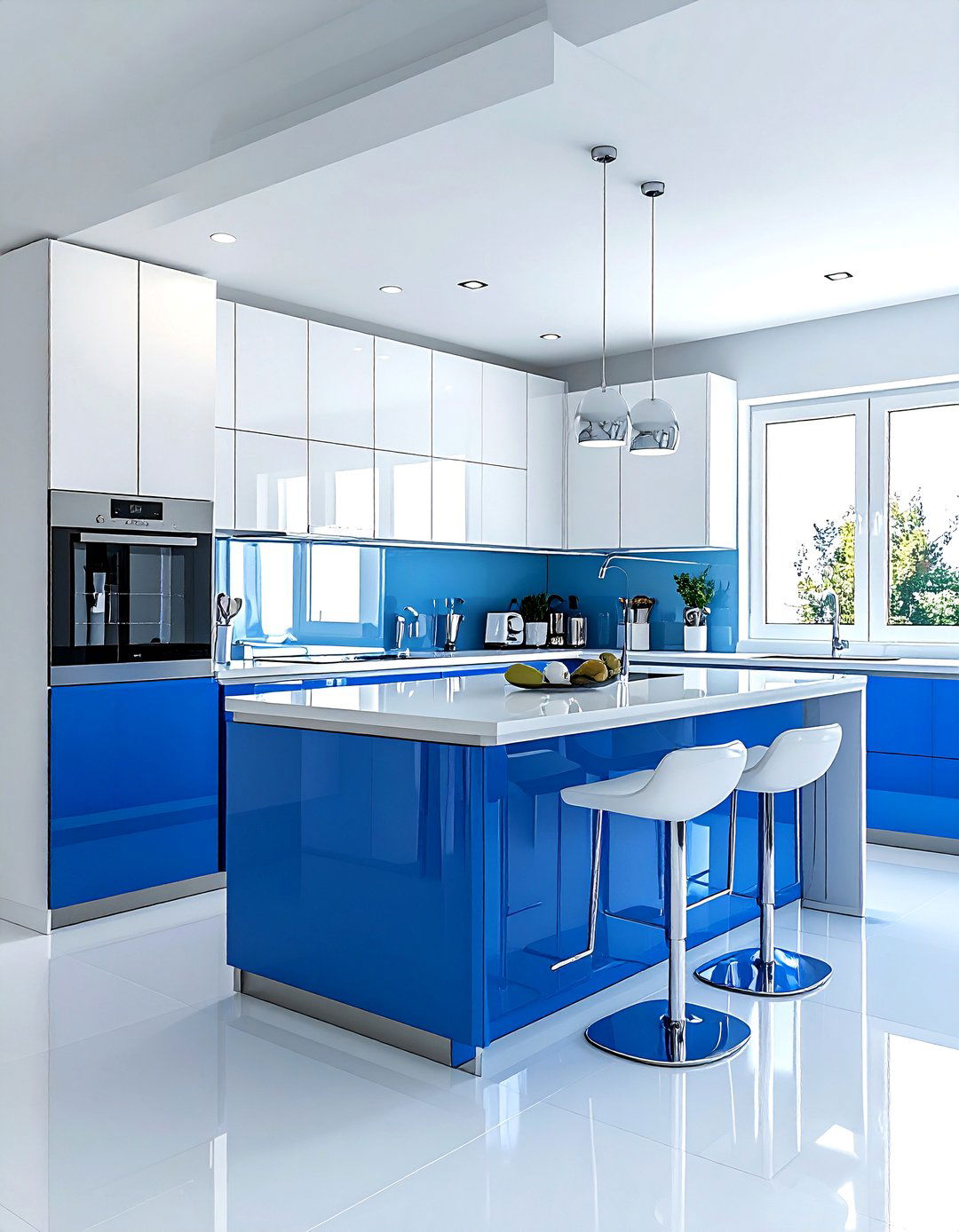 Glossy White And Blue Kitchen - 30 blue and white kitchen ideas