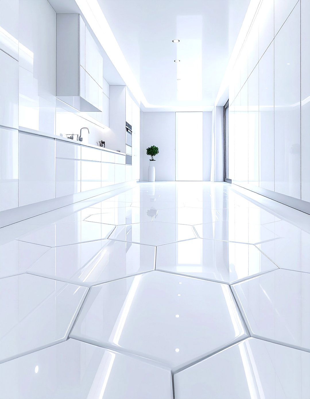 Glossy White Hexagon Floor - 30 hexagon floor kitchen ideas
