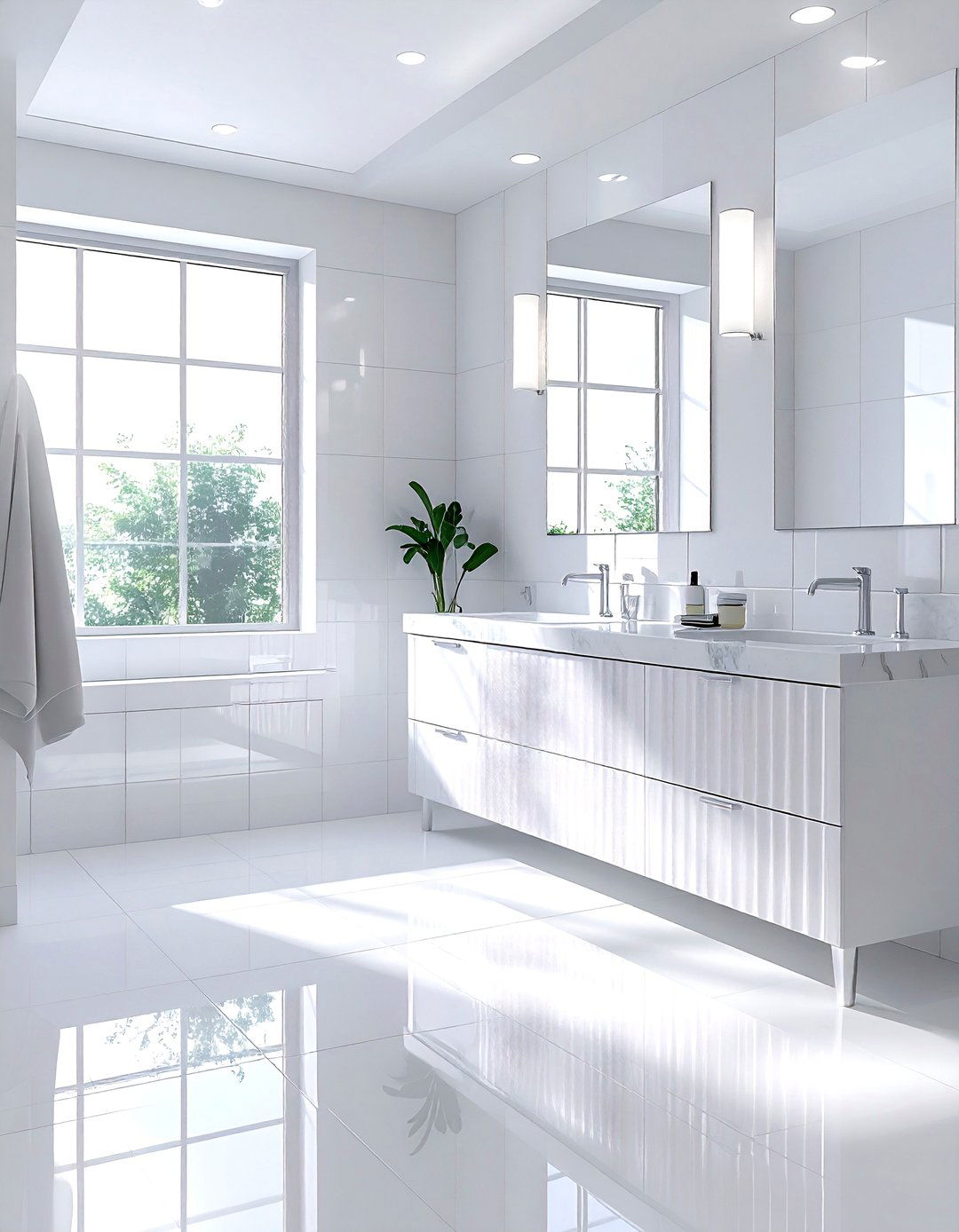 Glossy White Ribbed Tile - 30 ribbed tile bathroom ideas