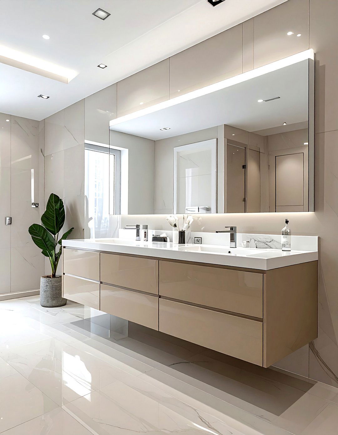 Glossy beige vanity unit - 30 beige bathroom furniture ideas