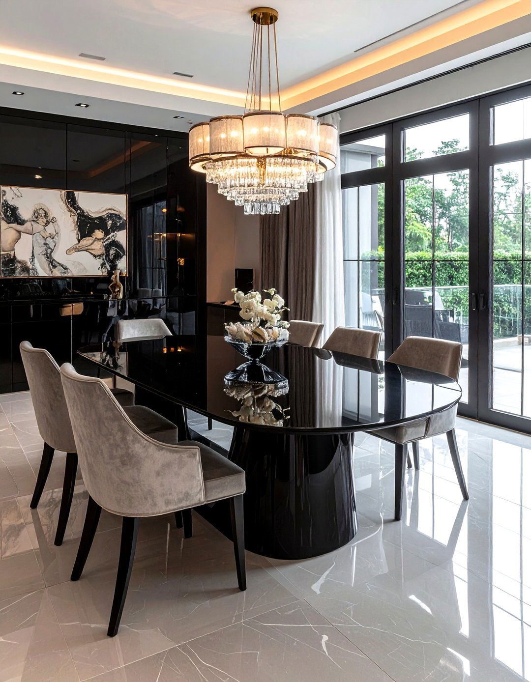 Glossy black dining table - 30 black dining room furniture ideas