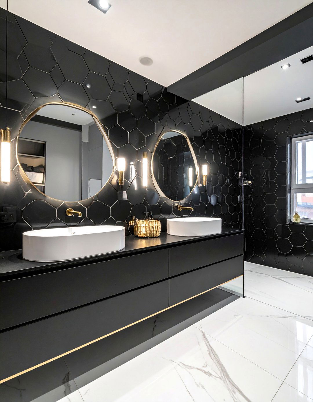 Glossy black hexagon bathroom wall tile - 30 black hexagon tile bathroom ideas