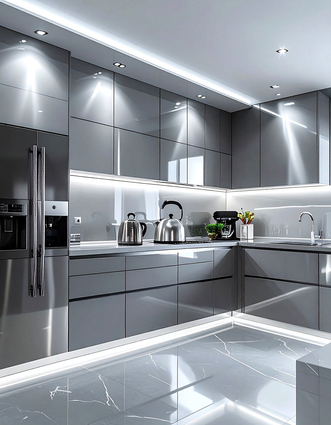 Glossy grey kitchen with silver appliances - 30 grey kitchen accessories ideas