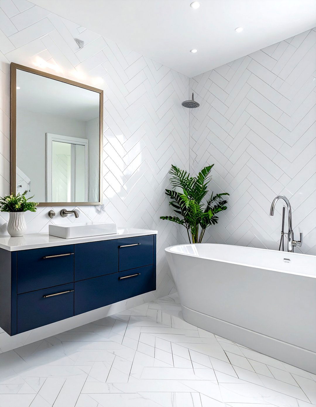 Glossy white chevron wall tile - 30 chevron pattern bathroom ideas