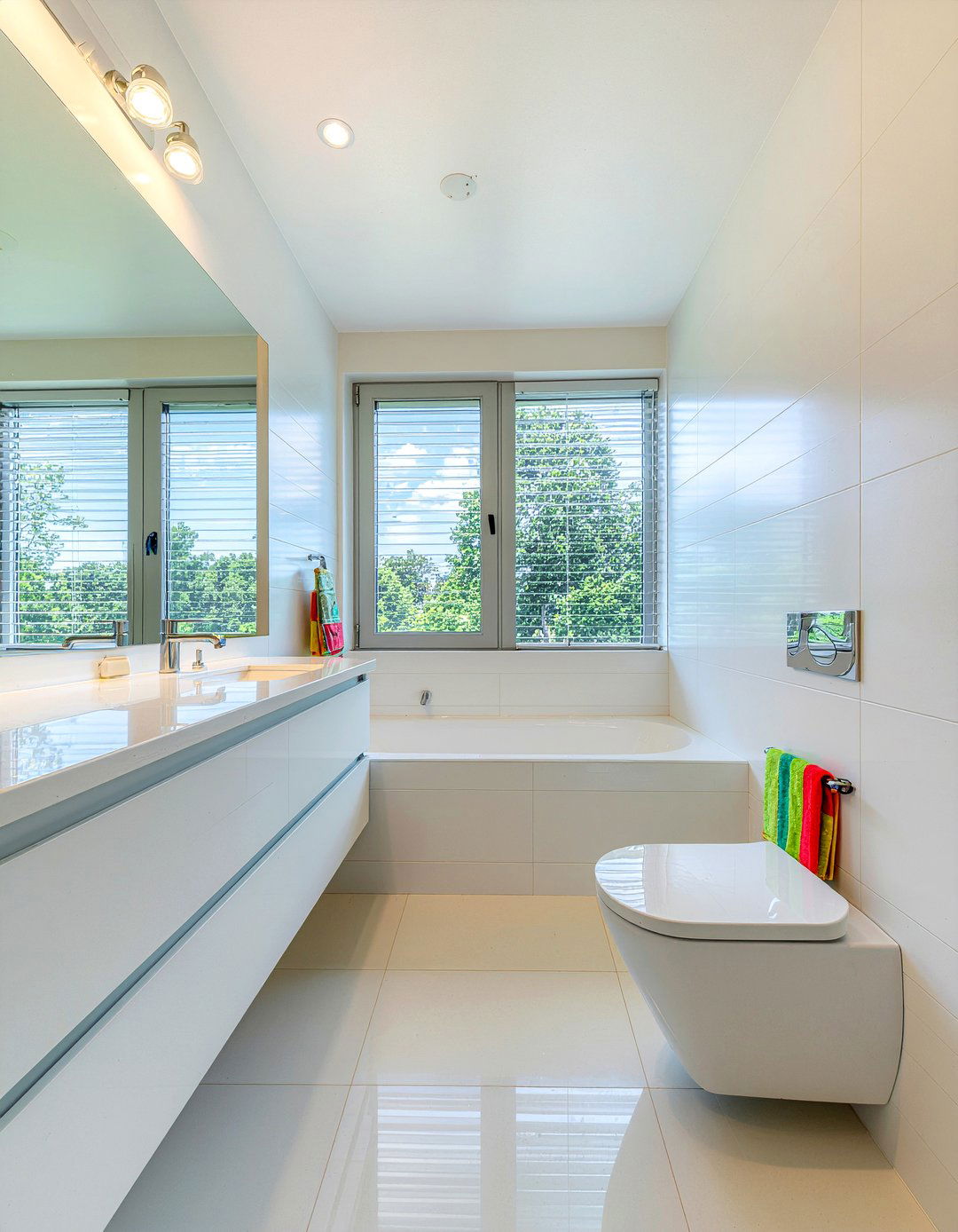 Glossy white tile bathroom - 30 floor to ceiling tile bathroom ideas