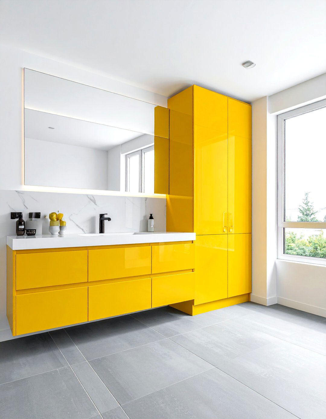 Glossy yellow cabinetry bathroom - 30 bright yellow bathroom ideas