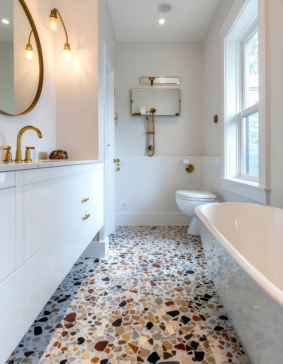 Gold Accent And Terrazzo Floor - 30 bathroom finish mixing ideas
