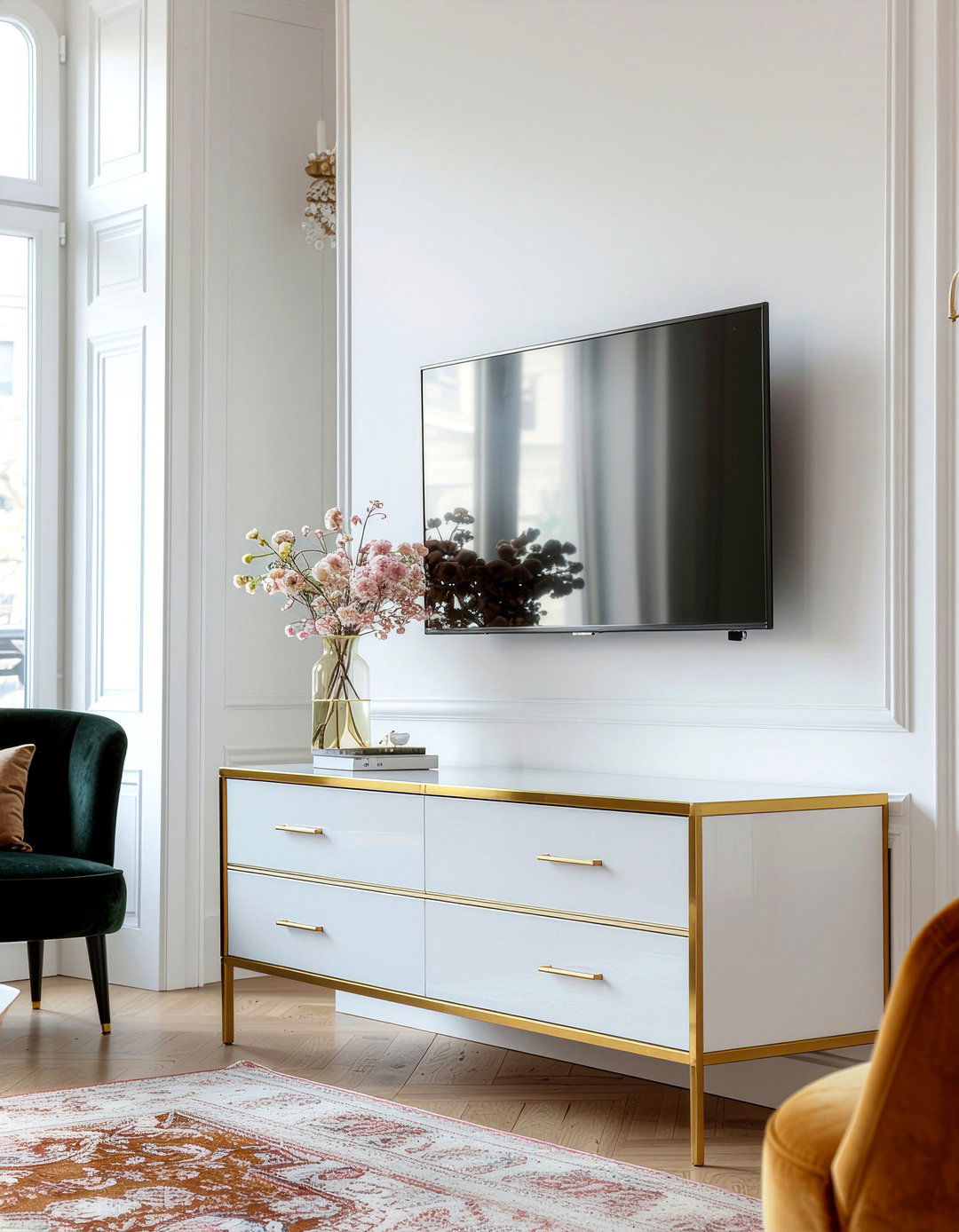 Gold Accent Floating TV Unit - 30 living room floating tv unit ideas