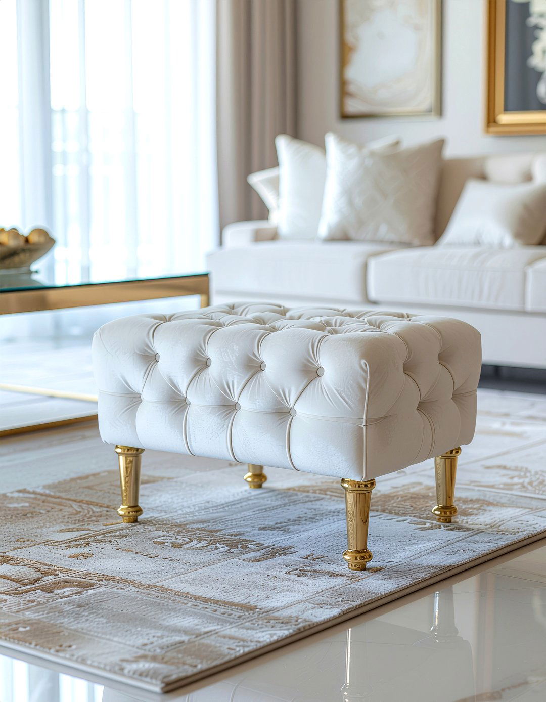 Gold Base Tufted Ottoman - 30 living room tufted ottoman ideas