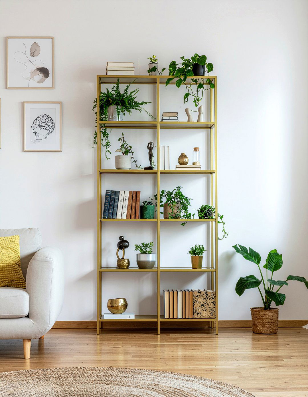 Gold Bookshelf - 30 living room brass furniture ideas