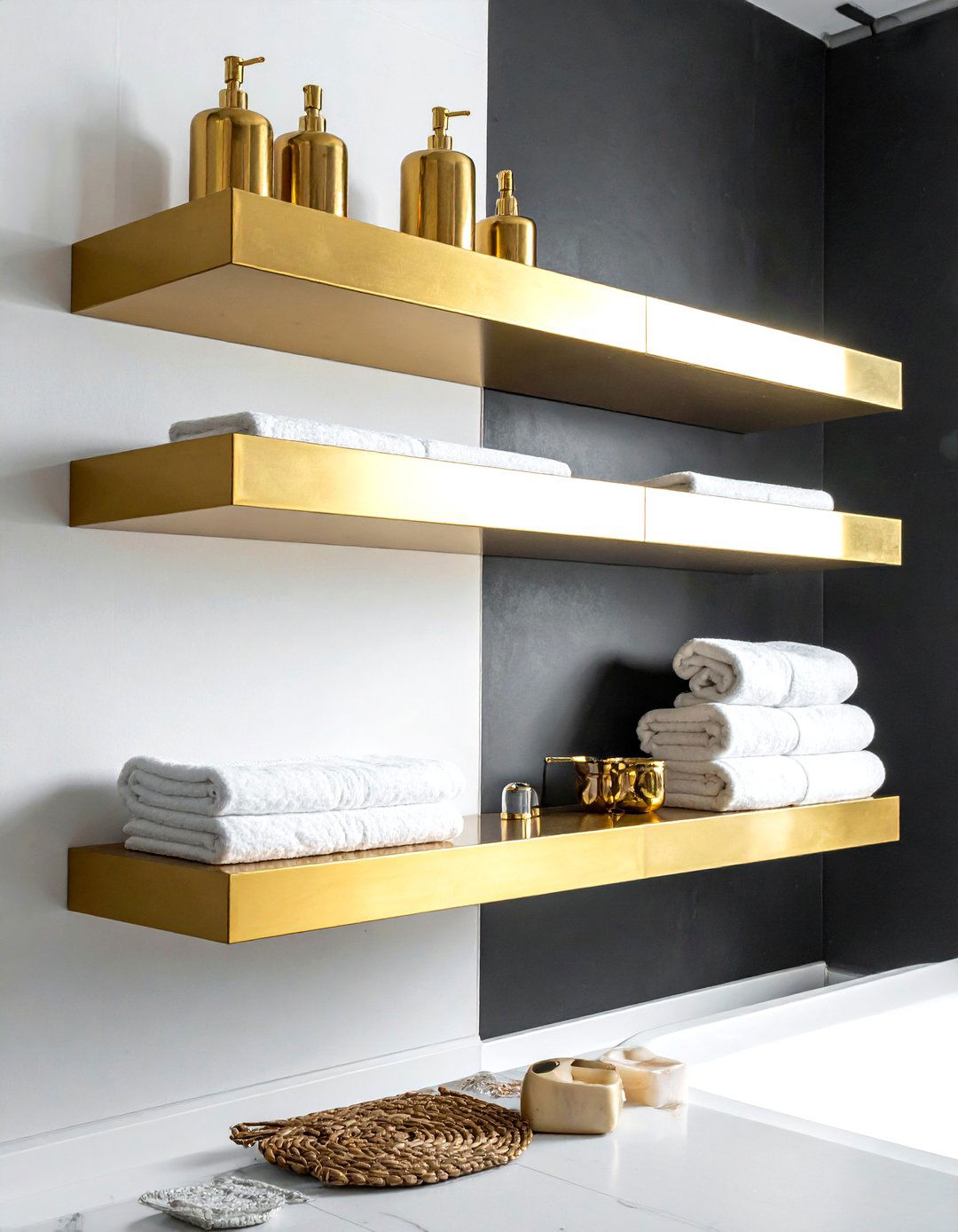 Gold Floating Shelves Black Wall - 30 black and gold bathroom ideas
