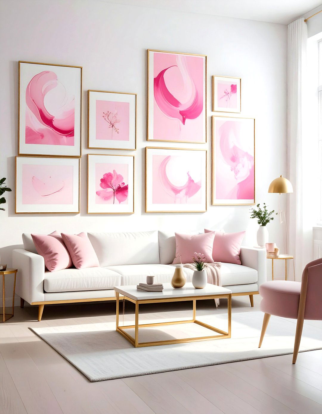 Gold Frame Gallery Wall - 30 pink and white living room ideas