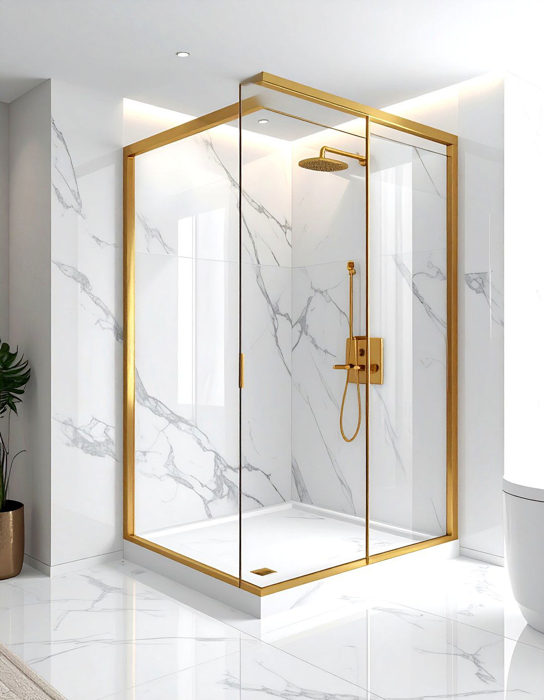 Gold Frame Glass Shower Door - 30 white and gold bathroom ideas